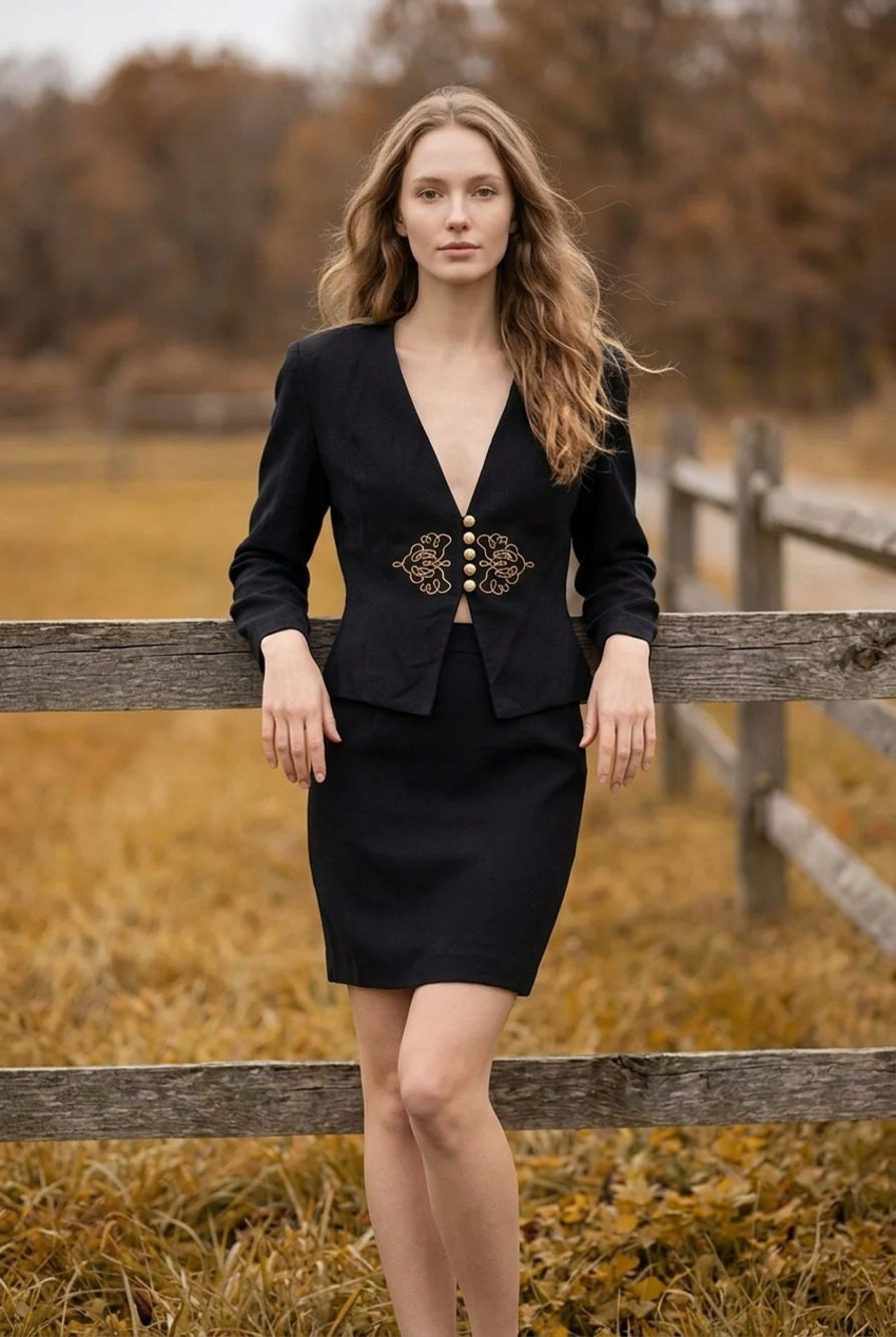 Tina Hagen Black Rayon Blazer and Skirt Suit Set with Gold Embroidery